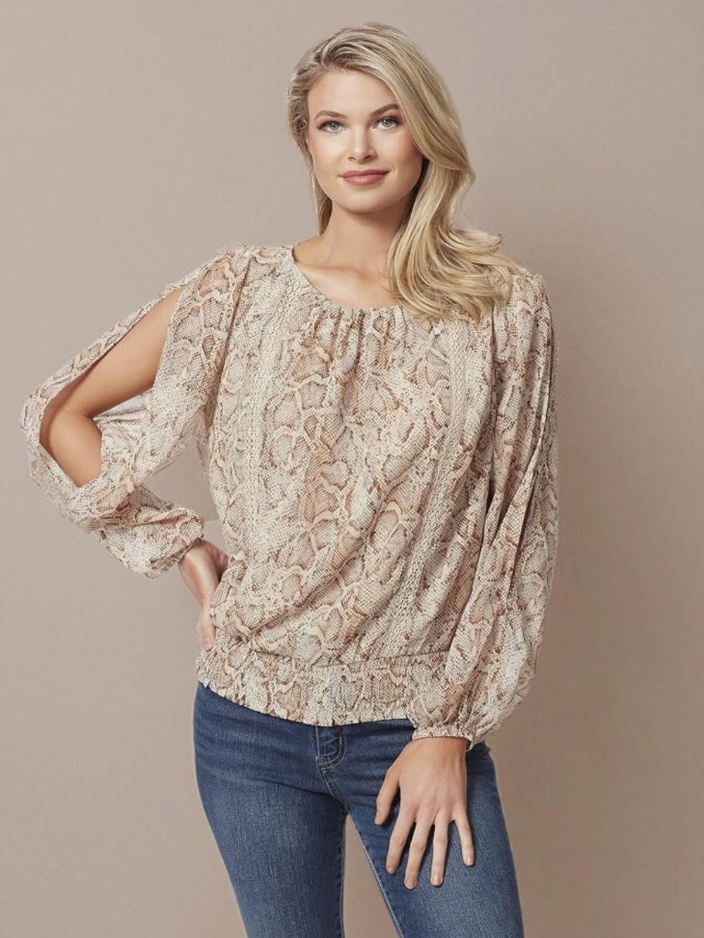 NWT NEW Jessica Simpson Caroline Top Neutral Snake Print Split Sleeve Sexy XL